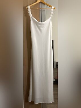 Wishful Park White Satin Cowl Neck Maxi Dress Floral Straps Size L